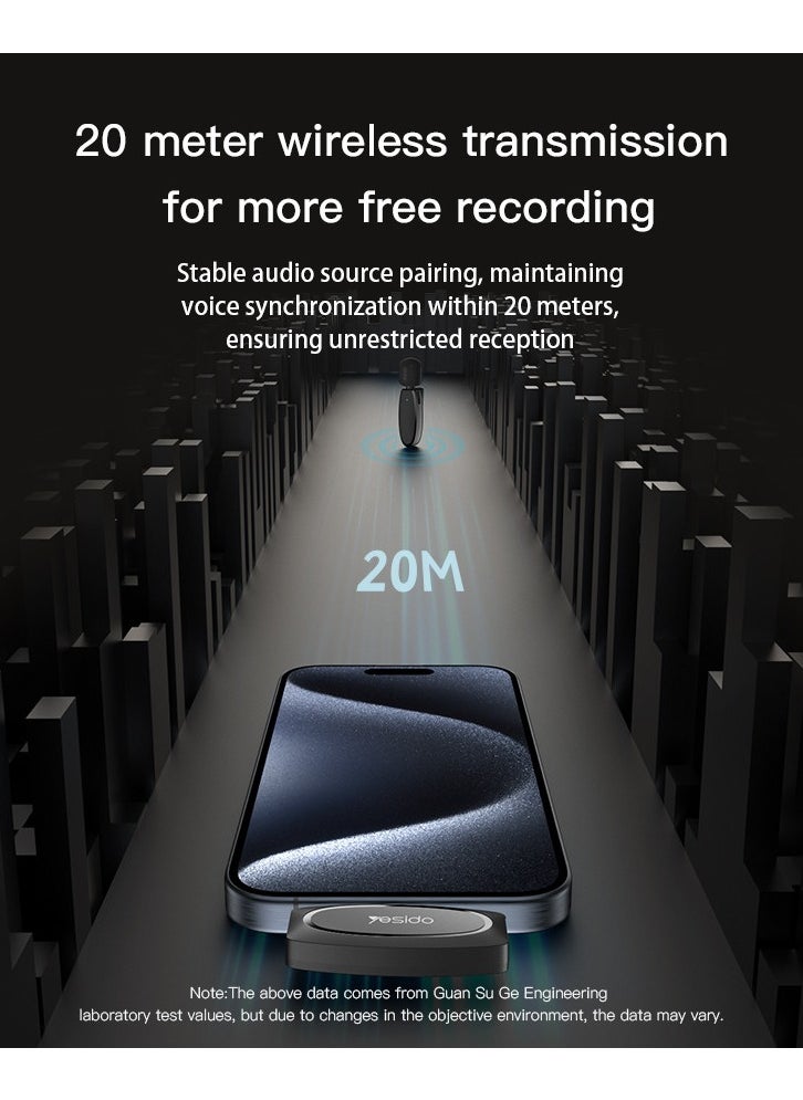 Yesido - LAVALIER MIC KR12 Noise AI Reduction Best Microphone For Vlogers Black - Image 1
