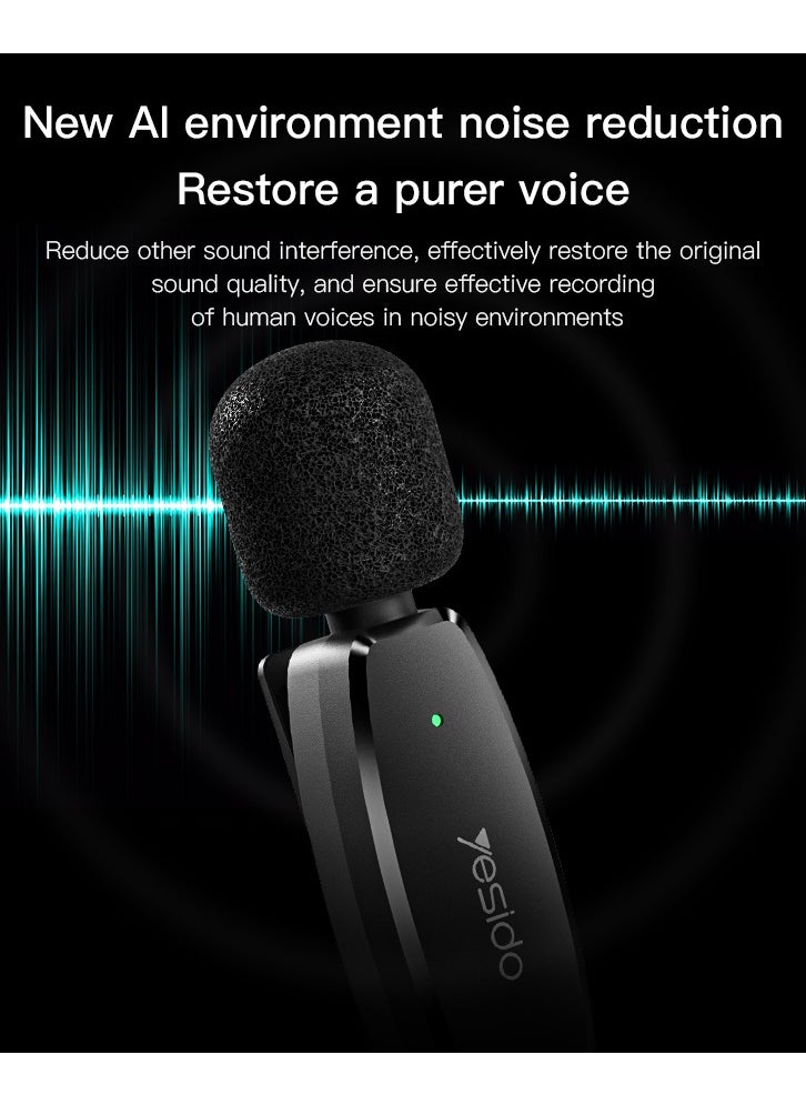 Yesido - LAVALIER MIC KR12 Noise AI Reduction Best Microphone For Vlogers Black - Image 1