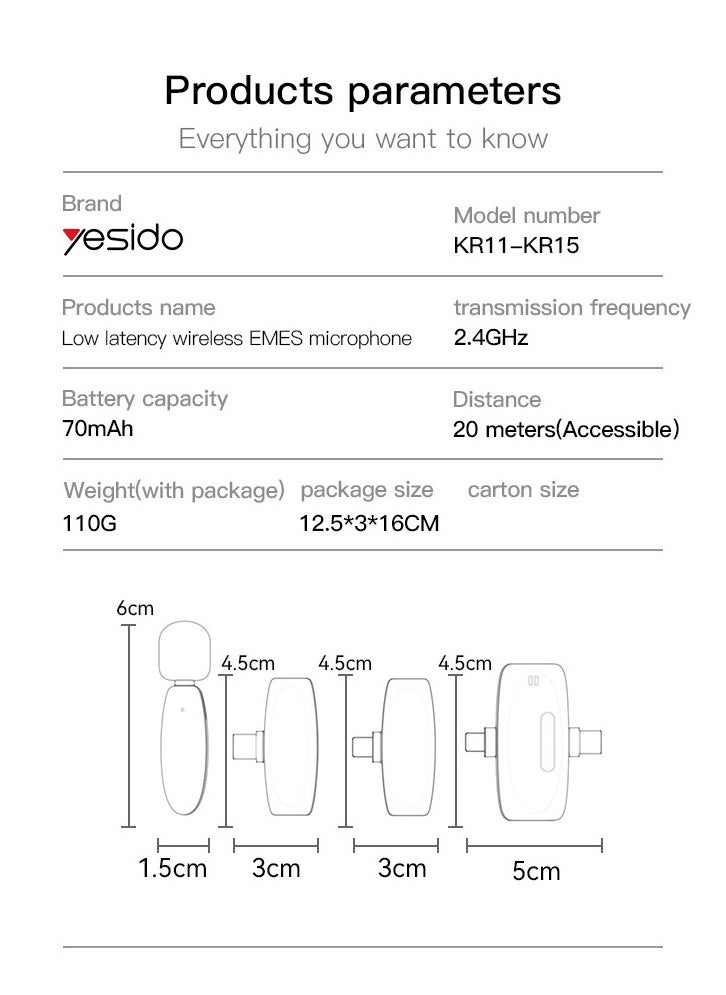 Yesido - LAVALIER MIC KR12 Noise AI Reduction Best Microphone For Vlogers Black - Image 1