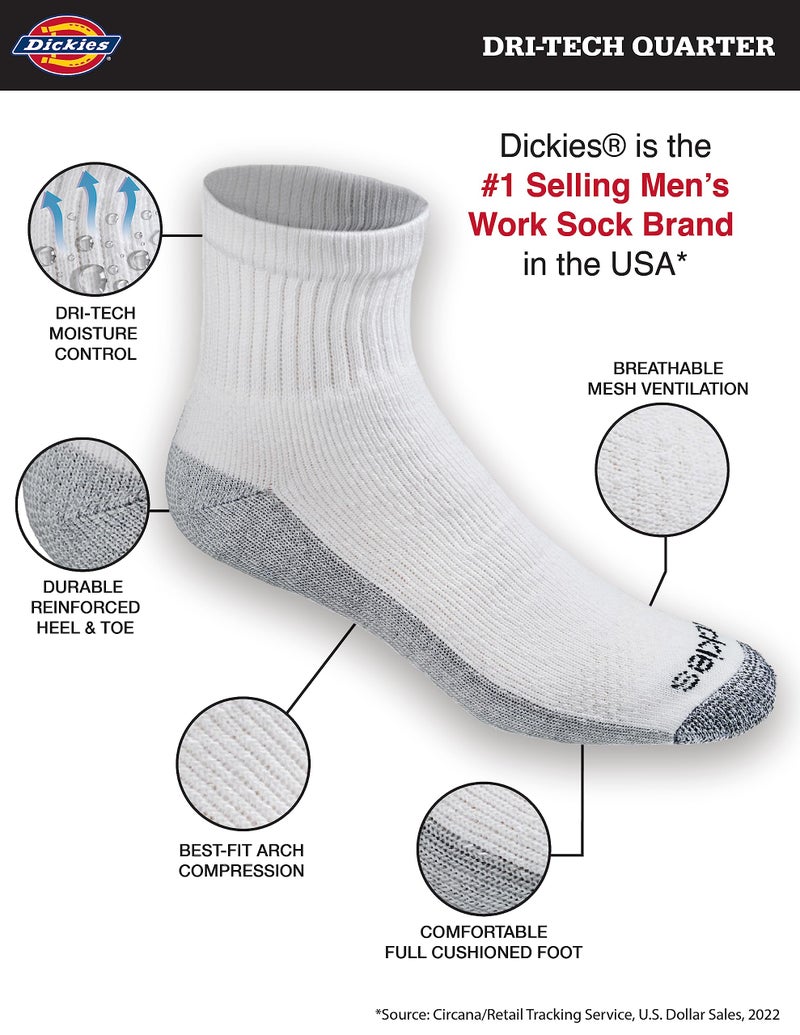 Dickies Men's Dri-Tech Moisture Control Quarter Socks (6, 12, 18 Pairs), White (6 Pairs), Large - Image 2
