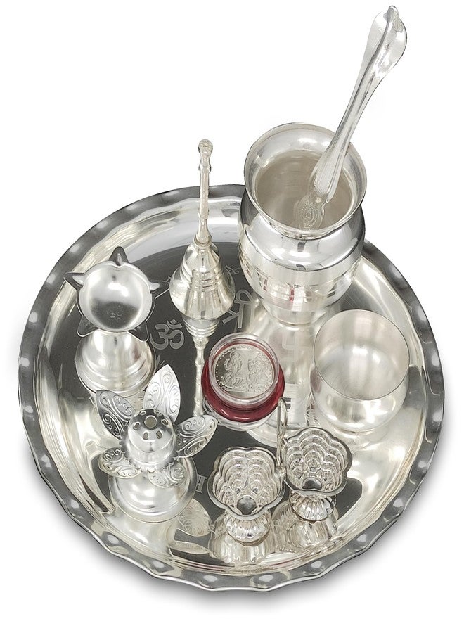 BENGALEN Puja Items Silver Plated Pooja thali Set 8 Inch with Plate Ghanti Bowl Spoon Dhup Dan Diya Kumkum Holder Coin Thali for Home Mandir Office Wedding Return Diwali Gift Items - Image 4