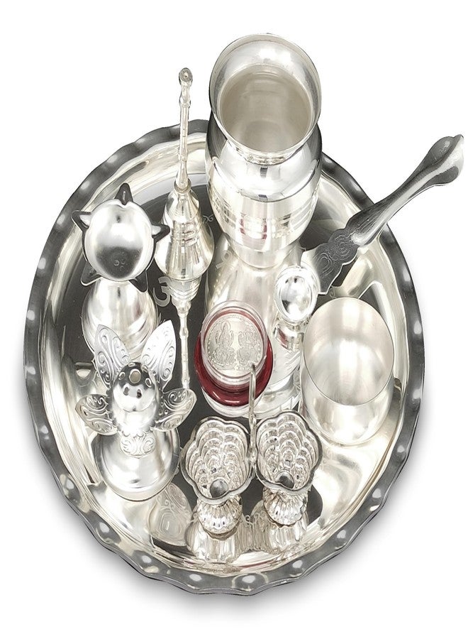 BENGALEN Puja Items Silver Plated Pooja thali Set 8 Inch with Plate Ghanti Bowl Spoon Dhup Dan Diya Kumkum Holder Coin Thali for Home Mandir Office Wedding Return Diwali Gift Items - Image 1
