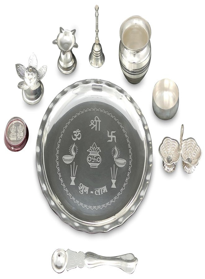 BENGALEN Puja Items Silver Plated Pooja thali Set 8 Inch with Plate Ghanti Bowl Spoon Dhup Dan Diya Kumkum Holder Coin Thali for Home Mandir Office Wedding Return Diwali Gift Items - Image 3