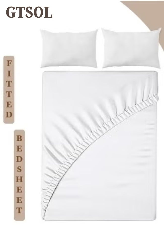 Generic 3-Piece White Cotton Fitted Bed Sheet Set with Deep-Pocket for Secure Fit & 2 Pillow Covers - Breathable, Machine Washable, Available in King, Queen, and Single Sizes  - Image 1