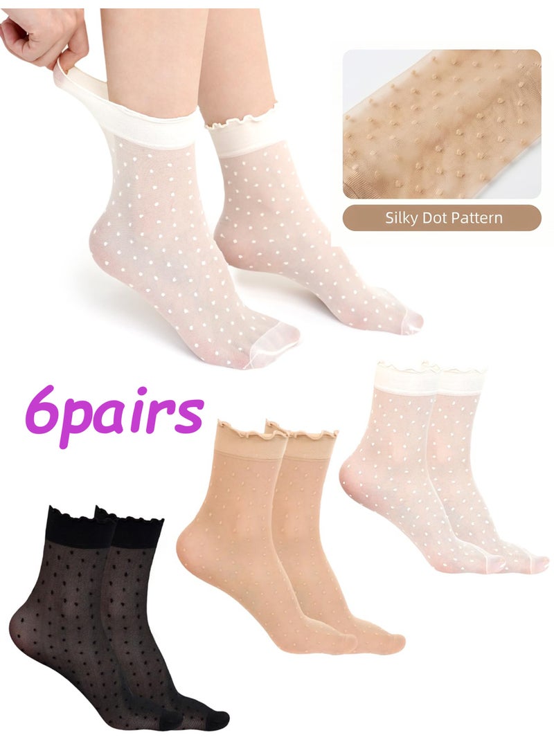 6 Pairs Women Polka Dot Sheer Ruffle Socks, Silk Summer Ankle Socks Size 5-9 - Image 1