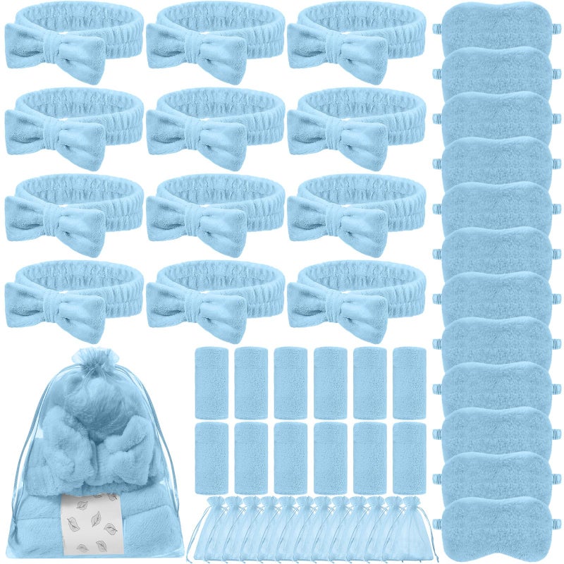 Daifunli 48 Pcs Sleepover Party Supplies 12 Spa Headbands 12 Coral Fleece Towels 12 Plush Eye Masks 12 Organza Bags for Spa Slumber Birthday Party Favors Gift(Blue) - Image 1