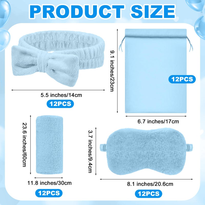 Daifunli 48 Pcs Sleepover Party Supplies 12 Spa Headbands 12 Coral Fleece Towels 12 Plush Eye Masks 12 Organza Bags for Spa Slumber Birthday Party Favors Gift(Blue) - Image 2