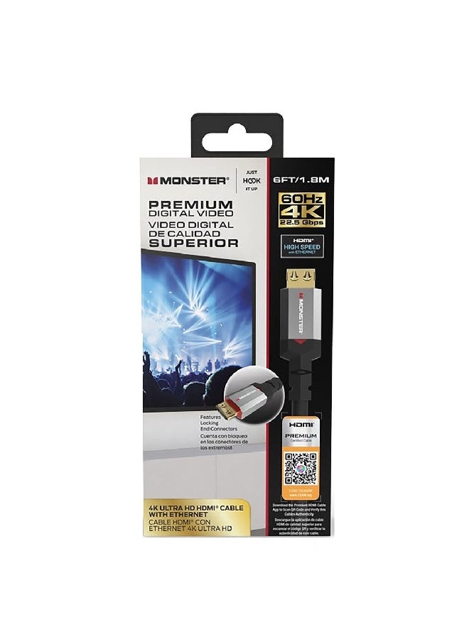 مونستر كابل HDMI معتمد بدقة 4K الترا اتش دي مع إيثرنت أسود وفضي 6 قدم JHIU0123 - Image 2