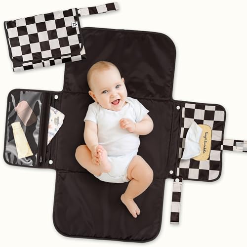 Tiny Twinkle Portable Diaper Changing Pad Waterproof Wipeable Compact Baby Changing Pad for Travel Smart Wipes Pocket Organized Storage Newborn Shower Gift Black Checkers - Image 1