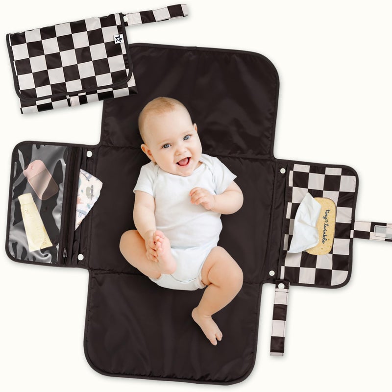 Tiny Twinkle Portable Diaper Changing Pad Waterproof Wipeable Compact Baby Changing Pad for Travel Smart Wipes Pocket Organized Storage Newborn Shower Gift Black Checkers - Image 2