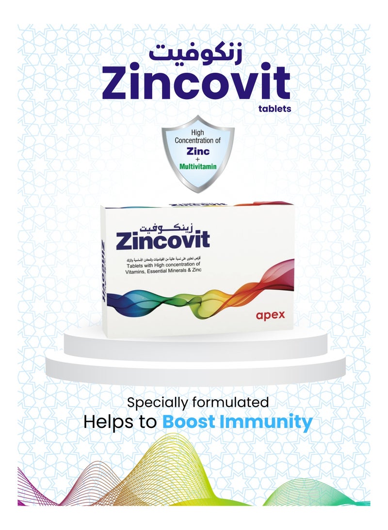 APEX Zincovit Tablets - High Potency Multivitamin & Multimineral Supplement with Zinc, Selenium, Vitamins A, D, E, C, B, Magnesium, and Copper for Immune Support and Overall Wellness - 30 Tablets  - Image 2
