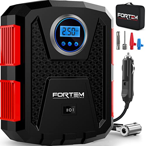FORTEM Tire Inflator Portable Air Compressor 150 PSI, 12V Electric Bike Pump for Car Tires and Bicycles w/LED Light, Digital Tire Pressure Gauge w/Auto Pump/Shut Off, Carrying Case (Red) - Image 1