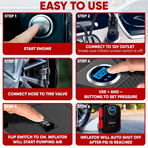 FORTEM Tire Inflator Portable Air Compressor 150 PSI, 12V Electric Bike Pump for Car Tires and Bicycles w/LED Light, Digital Tire Pressure Gauge w/Auto Pump/Shut Off, Carrying Case (Red) - Image 3