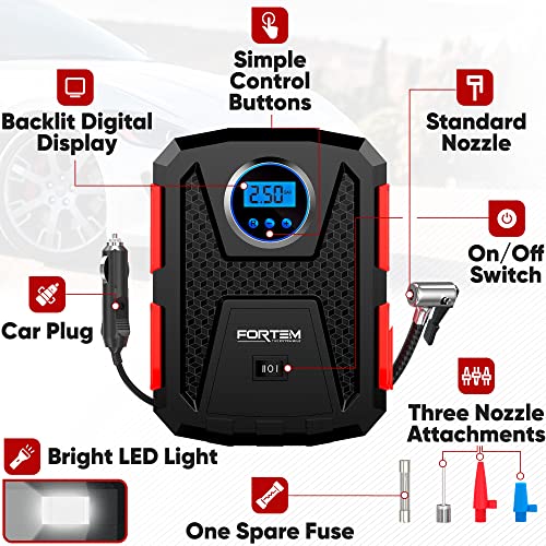 FORTEM Tire Inflator Portable Air Compressor 150 PSI, 12V Electric Bike Pump for Car Tires and Bicycles w/LED Light, Digital Tire Pressure Gauge w/Auto Pump/Shut Off, Carrying Case (Red) - Image 2
