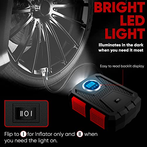 FORTEM Tire Inflator Portable Air Compressor 150 PSI, 12V Electric Bike Pump for Car Tires and Bicycles w/LED Light, Digital Tire Pressure Gauge w/Auto Pump/Shut Off, Carrying Case (Red) - Image 4