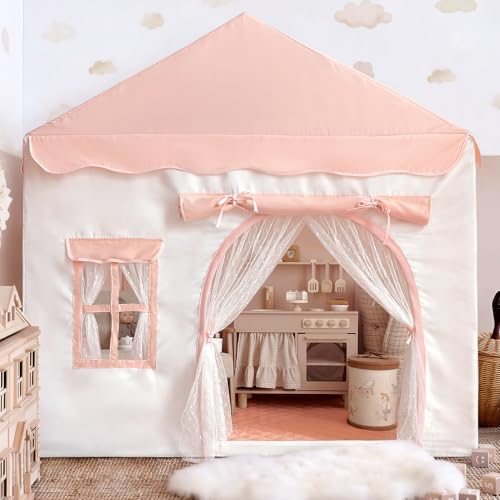 Sherilyn Kids Play Tent with Double Door Childrens Playhouse Tents Pink Portable Fantasy Adventure Castle for Girls Kids Tent with Mat House Toys for Girl Birthday Christmas House Gift - Image 1