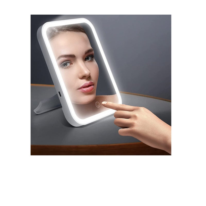 مرآة مكياج مع ضوء وتكبير، Vanity مضاءة مع شاشة تعمل باللمس قابلة للتعتيم، مفتاح ذكي، مرآة مكياج محمولة وقابلة للطي للطاولة، الحمام (3 ألوان) - Image 1