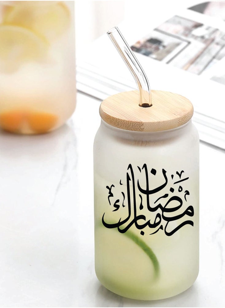 PRINTSHOP4ME Ramadan Kareem and Eid Mubarak Gift - Glass Bottle with Straw & Bamboo Lid 455 ml - Ramadan gift for all Islamic  - Image 2