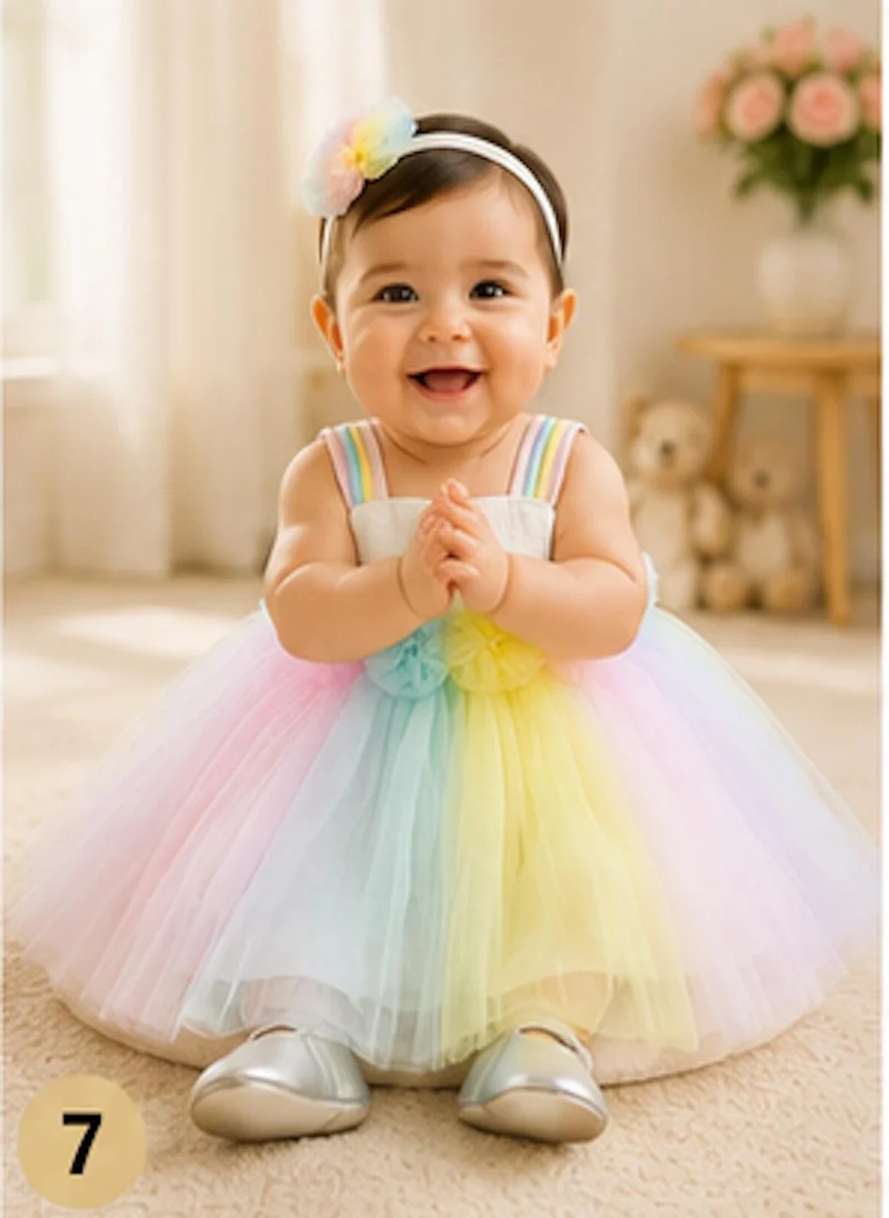 أرتيميا Artemea Baby Girls Rainbow Layered Mesh Party Dress - Multicolour with Shoes