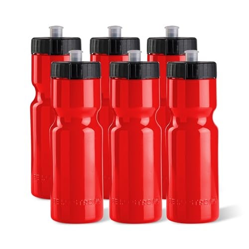 50 Strong Sports Water Bottles 6-Pack – Reusable 22 oz BPA-Free Plastic Bottles with Pull Top Cap – Made in USA – Top Rack Dishwasher Safe – Fits Most Bike Cages Brand - Red - Image 1