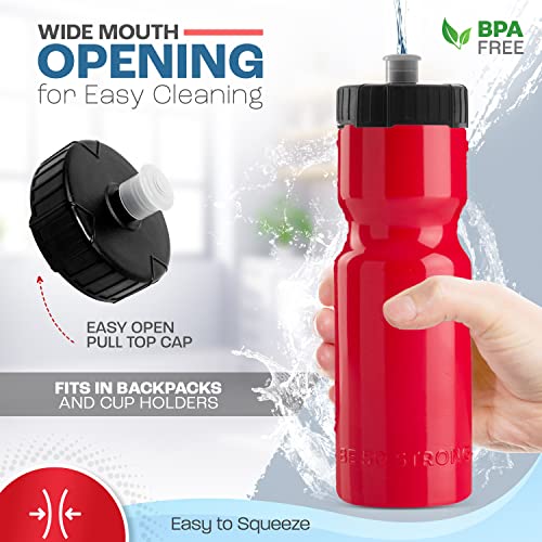 50 Strong Sports Water Bottles 6-Pack – Reusable 22 oz BPA-Free Plastic Bottles with Pull Top Cap – Made in USA – Top Rack Dishwasher Safe – Fits Most Bike Cages Brand - Red - Image 2