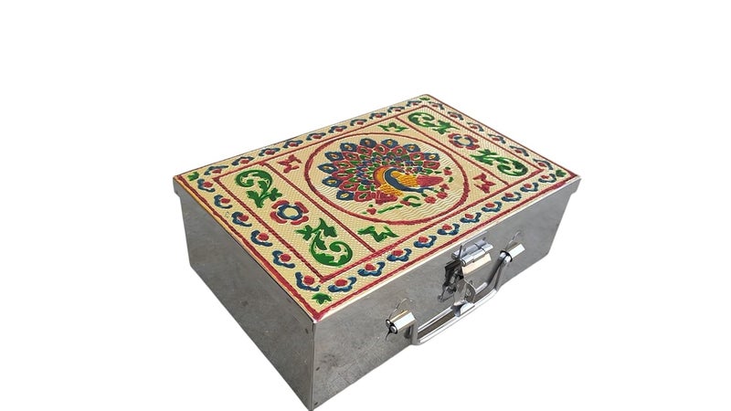 GinoSet Stainless Steel Storage Box Cash Box Pooja Peti Organizer Vanity Storage Box Jewellery Safe Bank Locker Cash Box With Handicrafts Digital Meena Kari Design Red 9 Inch - Image 2