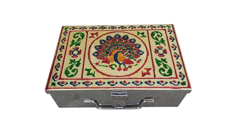 GinoSet Stainless Steel Storage Box Cash Box Pooja Peti Organizer Vanity Storage Box Jewellery Safe Bank Locker Cash Box With Handicrafts Digital Meena Kari Design Red 9 Inch - Image 1