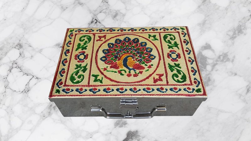 GinoSet Stainless Steel Storage Box Cash Box Pooja Peti Organizer Vanity Storage Box Jewellery Safe Bank Locker Cash Box With Handicrafts Digital Meena Kari Design Red 9 Inch - Image 3