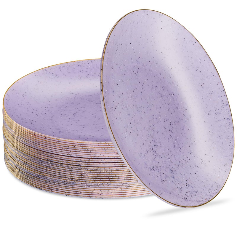 PLASTICPRO بلاستيك برو 30 عبوة أطباق بلاستيكية قابلة للتصرف ثقيلة الوزن بتصميم جرانيت أنيق 10 بوصة أطباق عشاء بنفسجي مع حافة ذهبية - Image 1