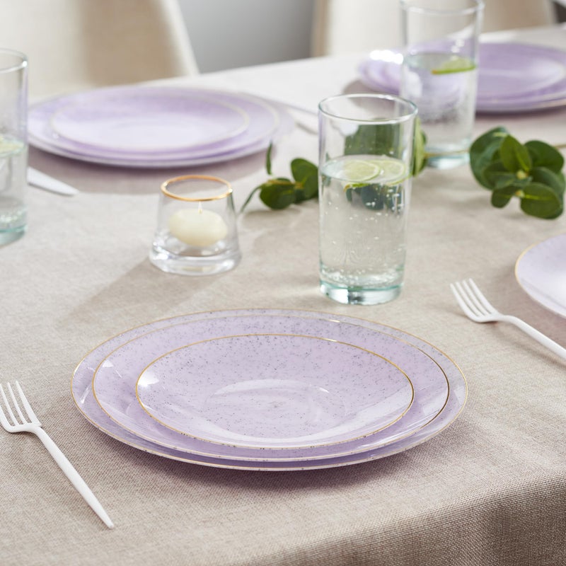 PLASTICPRO بلاستيك برو 30 عبوة أطباق بلاستيكية قابلة للتصرف ثقيلة الوزن بتصميم جرانيت أنيق 10 بوصة أطباق عشاء بنفسجي مع حافة ذهبية - Image 5