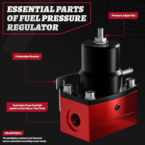 Plobeda EFI Fuel Pressure Regulator Kit with Bypass Return 0-100psi Pressure Gauge AN6-6AN Fuel Line Hose Fitting Connectors Kit Adjustable Universal Aluminum Black & Red - Image 4