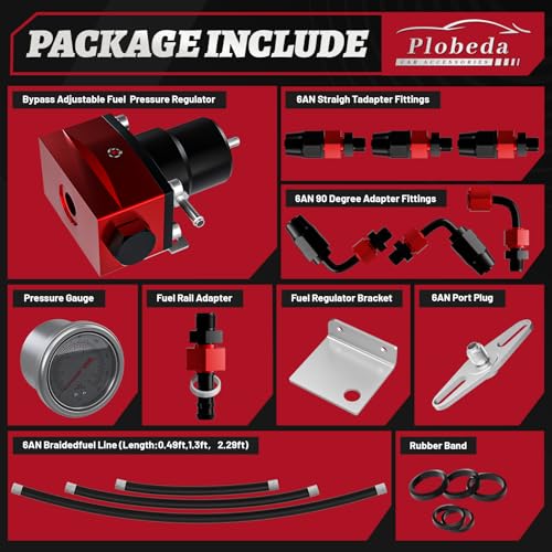 Plobeda EFI Fuel Pressure Regulator Kit with Bypass Return 0-100psi Pressure Gauge AN6-6AN Fuel Line Hose Fitting Connectors Kit Adjustable Universal Aluminum Black & Red - Image 2