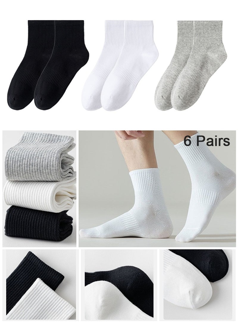 TAPIT 6 Pairs Solid Color Cotton Socks, Men's & Women's All-Season Thin Mid-Calf Socks, Business Casual Sports Socks, Moisture-Wicking Breathable Running Socks (Black&White&Grey, Mid-Calf) - Image 1
