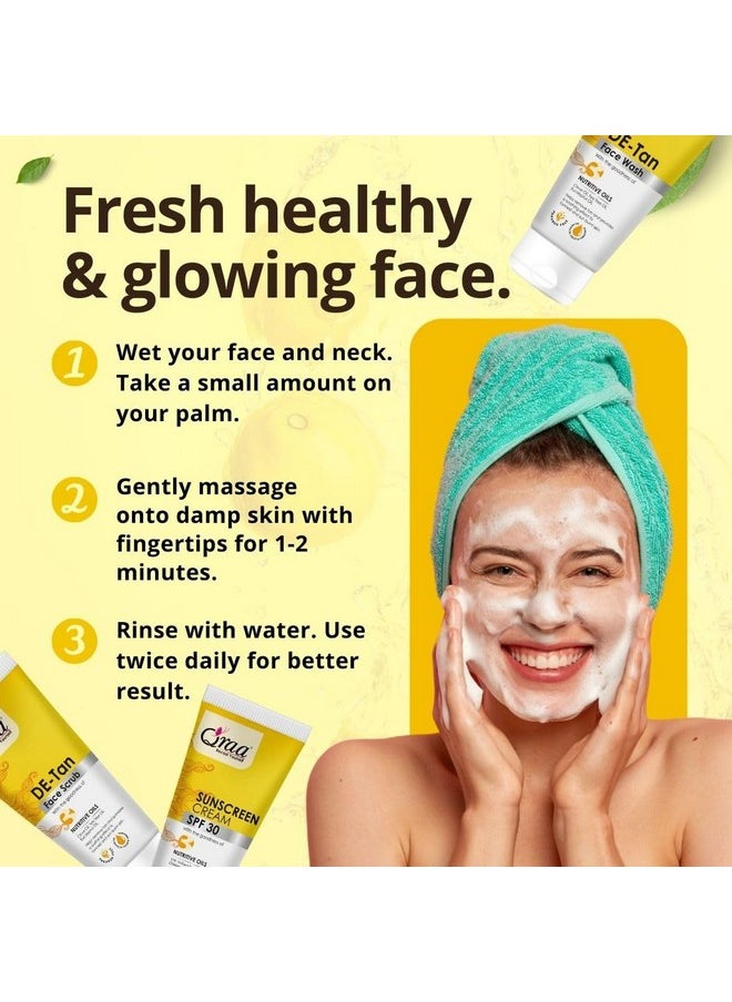 Qraa De Tan Kit | De Tan Scrub 100Gm & De Tan Face Wash 100Gm |Sunscreen Cream (Spf 30) 100Gm|Helps In Tan Removal & Dirt | Improves Pigmentation & Uneven Skin Tone |Pack Of 3 (300Gm)  - Image 2