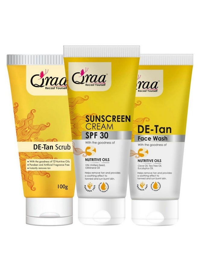 Qraa De Tan Kit | De Tan Scrub 100Gm & De Tan Face Wash 100Gm |Sunscreen Cream (Spf 30) 100Gm|Helps In Tan Removal & Dirt | Improves Pigmentation & Uneven Skin Tone |Pack Of 3 (300Gm)  - Image 1
