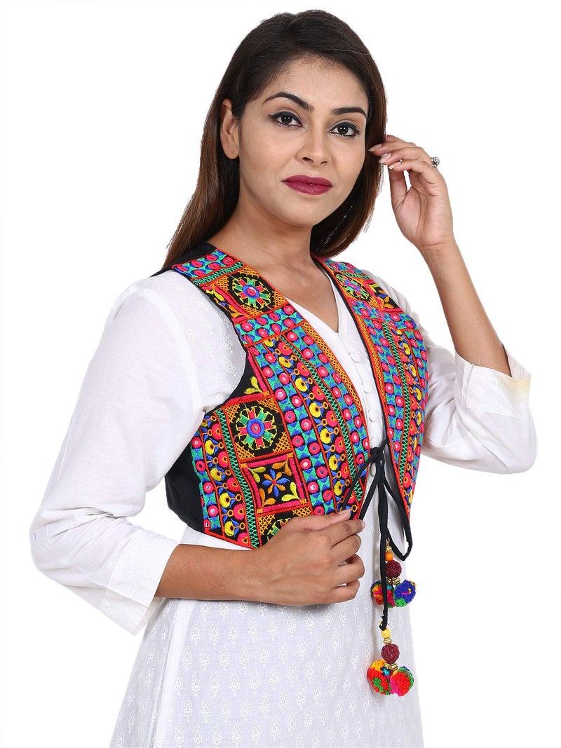 Craft Trade Cotton Blend Crop Ethnic Jacket For Women Cotton Half Sleeveless Waist Coat Garba Dandiya Traditional Rajasthani Embroidery Gujrati Kutchi Koti For Girls - Multicolor Size 34-38 Inches - Image 3
