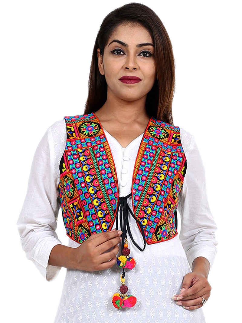 Craft Trade Cotton Blend Crop Ethnic Jacket For Women Cotton Half Sleeveless Waist Coat Garba Dandiya Traditional Rajasthani Embroidery Gujrati Kutchi Koti For Girls - Multicolor Size 34-38 Inches - Image 1