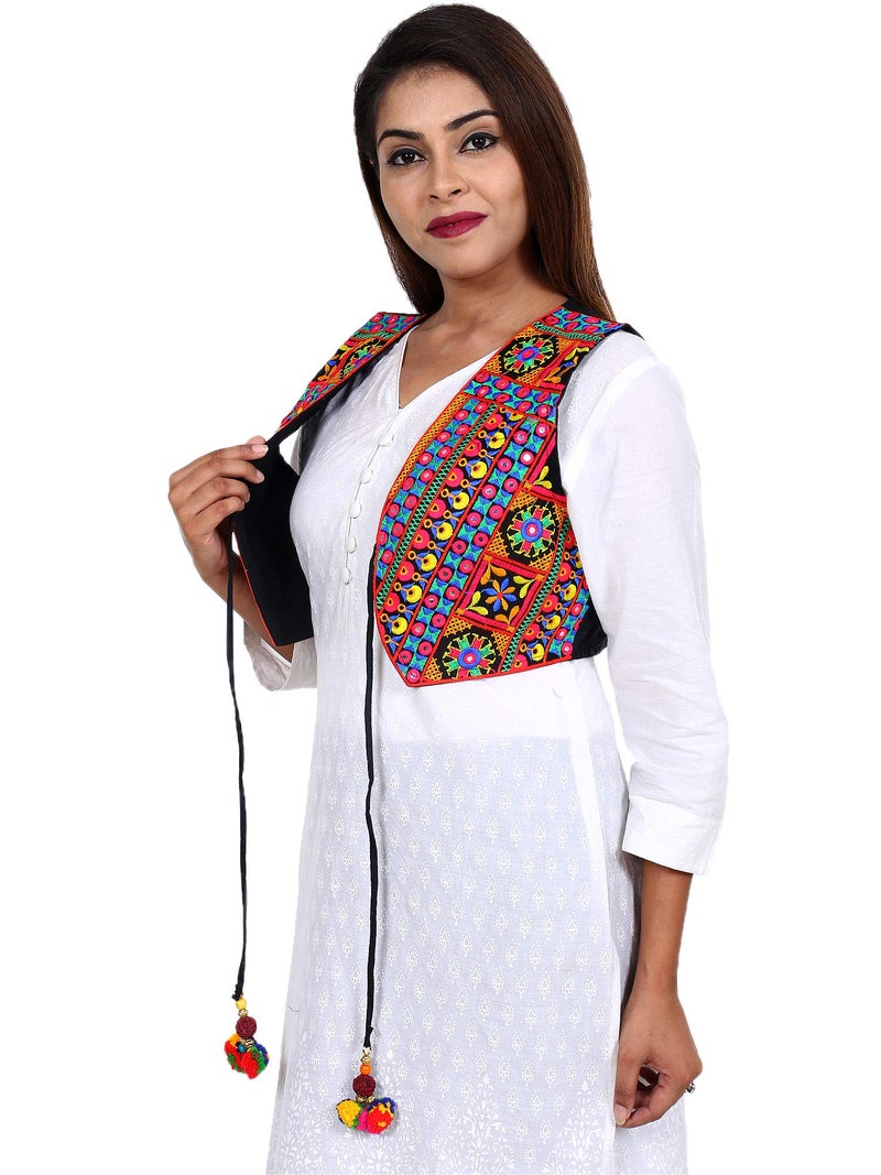 Craft Trade Cotton Blend Crop Ethnic Jacket For Women Cotton Half Sleeveless Waist Coat Garba Dandiya Traditional Rajasthani Embroidery Gujrati Kutchi Koti For Girls - Multicolor Size 34-38 Inches - Image 2