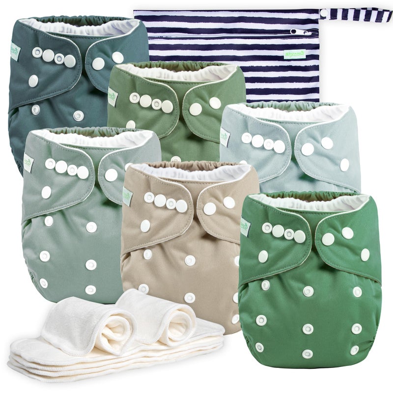 wegreeco Cloth Diapers 6 Pack with 6 Inserts 1 Wet Bag Washable Cloth Diapers for Babies One Size Adjustable Reusable Green - Image 2