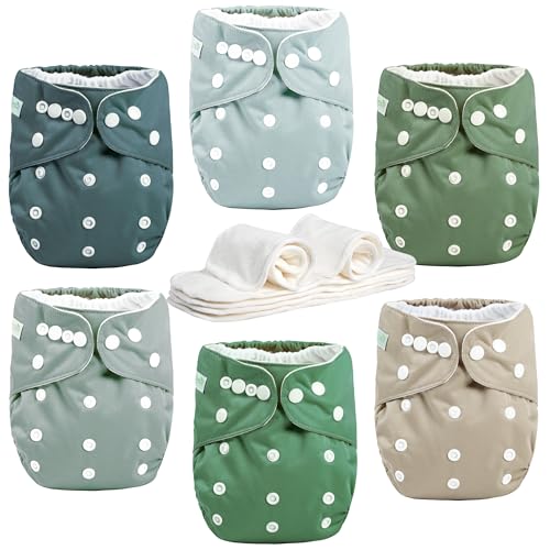 wegreeco Cloth Diapers 6 Pack with 6 Inserts 1 Wet Bag Washable Cloth Diapers for Babies One Size Adjustable Reusable Green - Image 3
