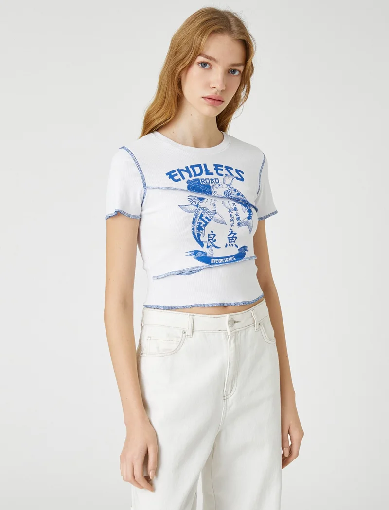 كوتون Crop T-Shirt Short Sleeve Crew Neck Far East Printed