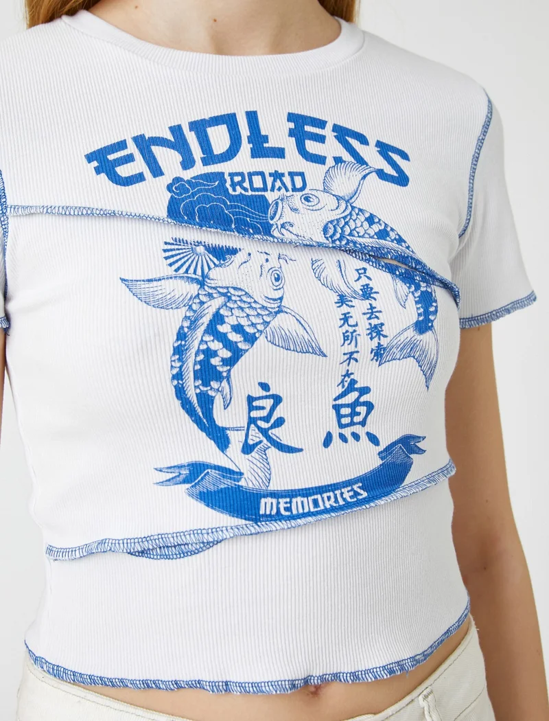 كوتون Crop T-Shirt Short Sleeve Crew Neck Far East Printed
