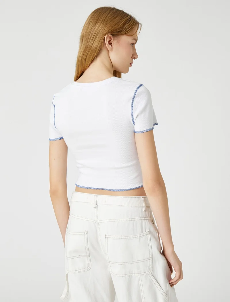 كوتون Crop T-Shirt Short Sleeve Crew Neck Far East Printed