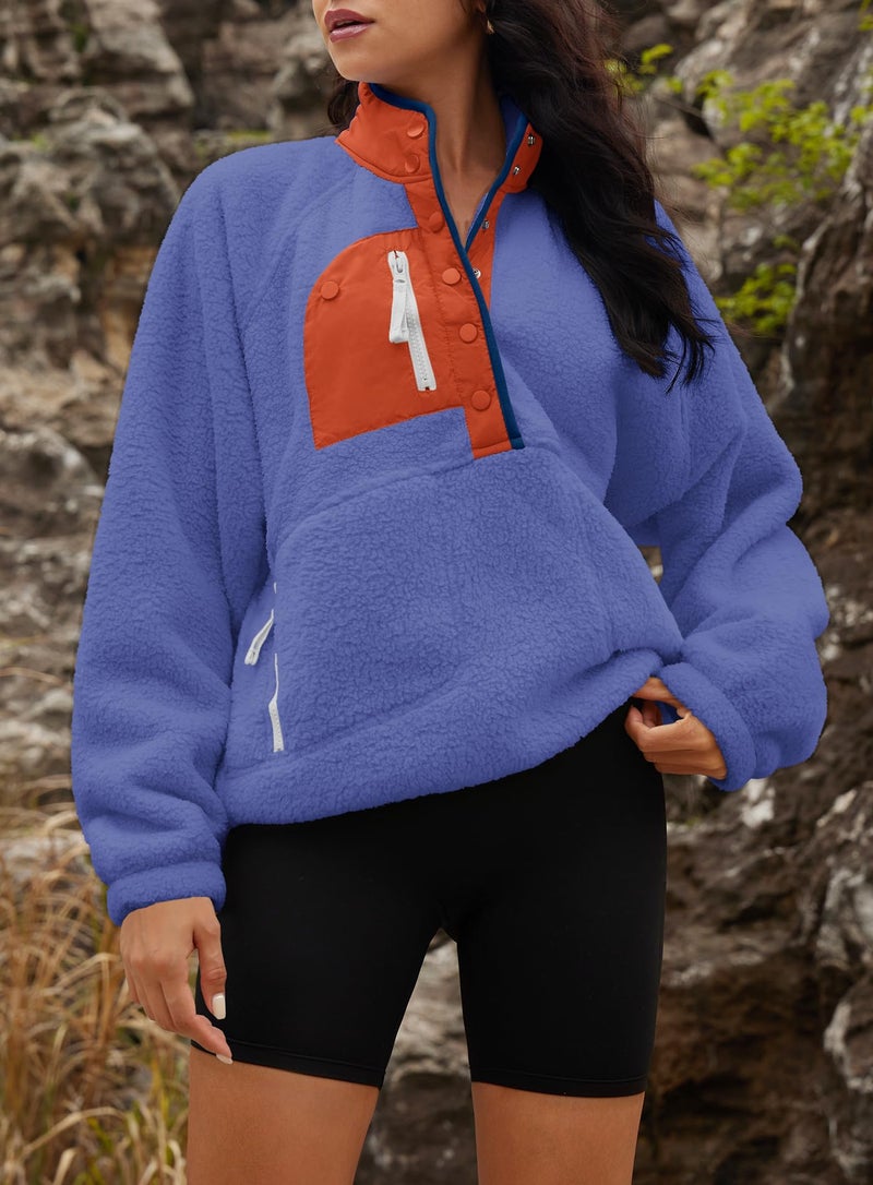 Yanekop Womens Fuzzy Fleece Pullover Sherpa Sweatshirt Long Sleeve Button Down Sweater Winter Fleece Jacket with Pockets(Blue Orange,XS) - Image 3