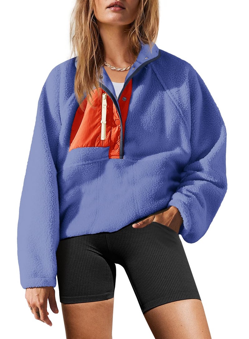 Yanekop Womens Fuzzy Fleece Pullover Sherpa Sweatshirt Long Sleeve Button Down Sweater Winter Fleece Jacket with Pockets(Blue Orange,XS) - Image 1