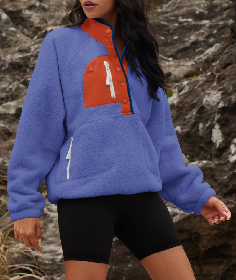 Yanekop Womens Fuzzy Fleece Pullover Sherpa Sweatshirt Long Sleeve Button Down Sweater Winter Fleece Jacket with Pockets(Blue Orange,XS) - Image 5