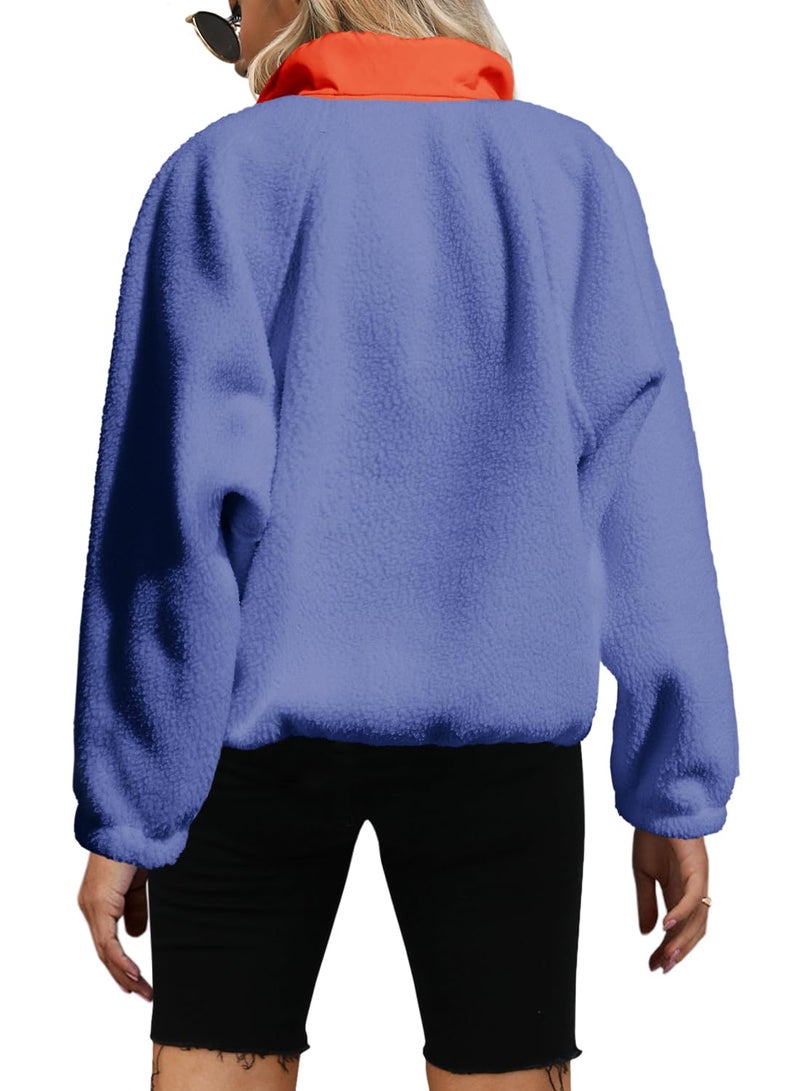 Yanekop Womens Fuzzy Fleece Pullover Sherpa Sweatshirt Long Sleeve Button Down Sweater Winter Fleece Jacket with Pockets(Blue Orange,XS) - Image 2