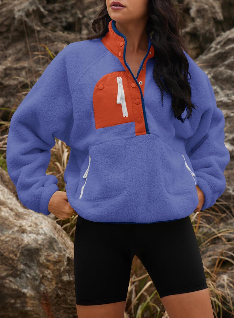 Yanekop Womens Fuzzy Fleece Pullover Sherpa Sweatshirt Long Sleeve Button Down Sweater Winter Fleece Jacket with Pockets(Blue Orange,XS) - Image 4