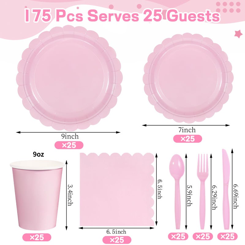 Xiangqu 175 Pcs Pink Plates and Napkins, Pink Birthday Decorations Include Scalloped Plate Napkins Cups Plastic Cutlery Disposable Dinnerware for Wedding, Bridal Baby Shower, Mother Day - Image 2
