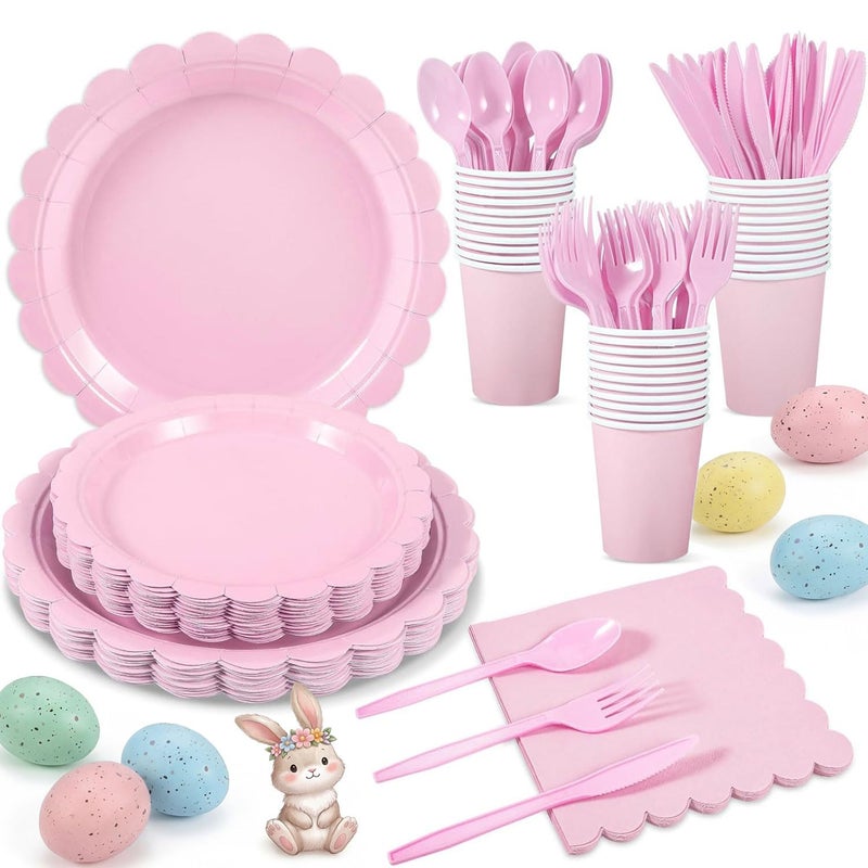 Xiangqu 175 Pcs Pink Plates and Napkins, Pink Birthday Decorations Include Scalloped Plate Napkins Cups Plastic Cutlery Disposable Dinnerware for Wedding, Bridal Baby Shower, Mother Day - Image 1